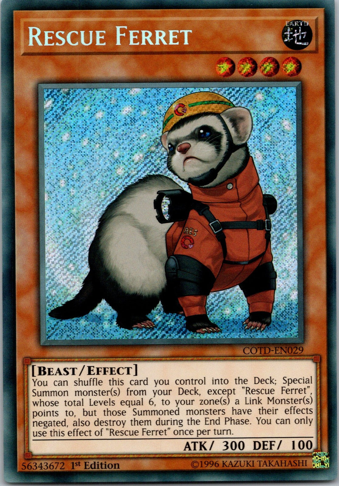 Yugioh Rescue Ferret COTD-EN029 1st Edition Secret Rare NM