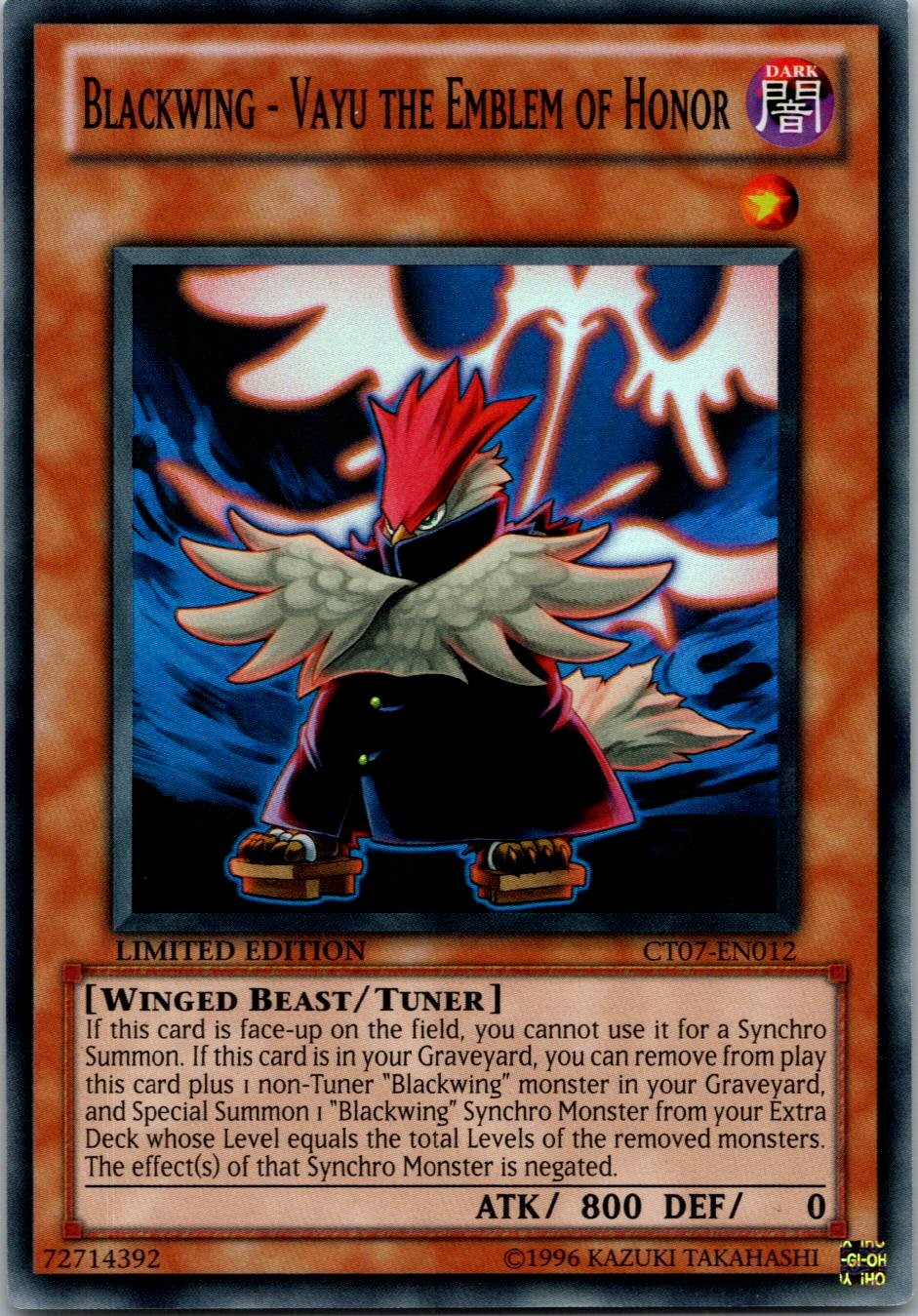 Yugioh Blackwing - Vayu the Emblem of Honor CT07-EN012 Limited Edition Super NM