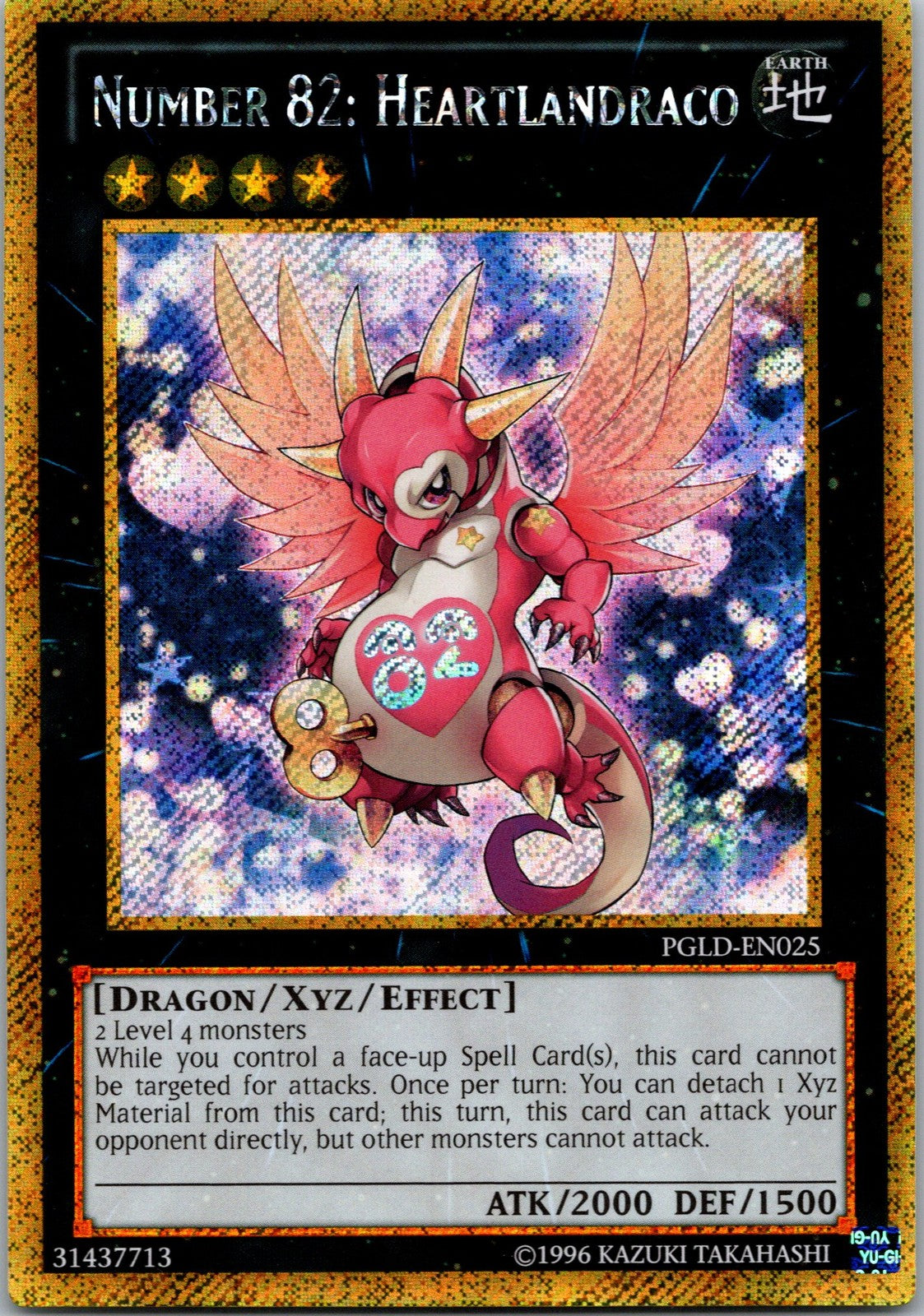 Yugioh Number 82: Heartlandraco PGLD-EN025 Gold Secret Rare NM