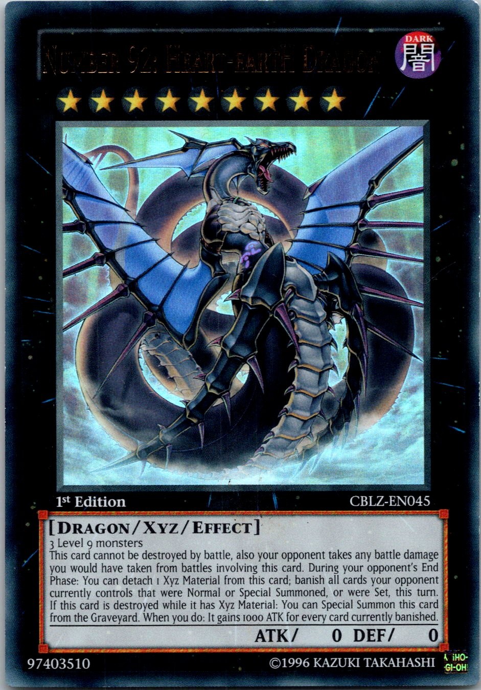 Yugioh Number 92: Heart-eartH Dragon CBLZ-EN045 1st Edition Ultra Rare NM
