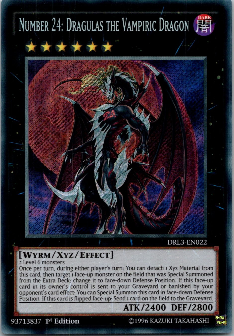 Yugioh Number 24: Dragulas the Vampiric Dragon DRL3-EN022 1st Edition Secret NM
