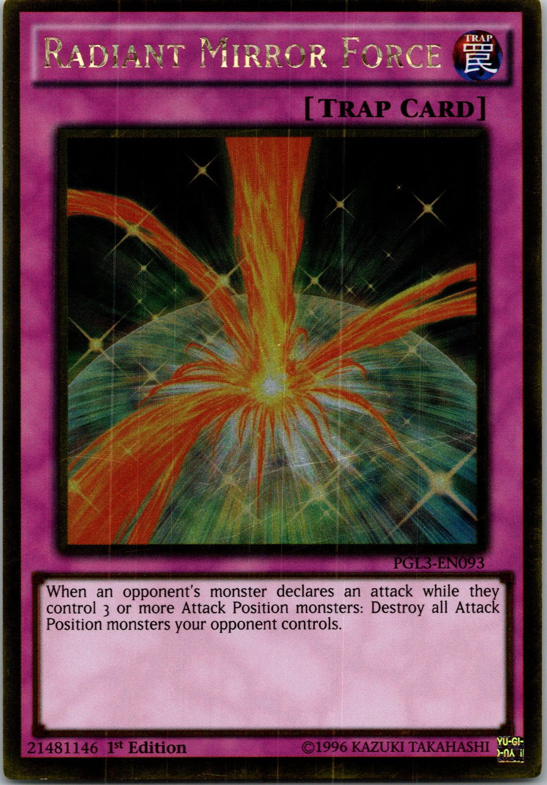 Yugioh Radiant Mirror Force PGL3-EN093 1st Edition Gold Rare NM