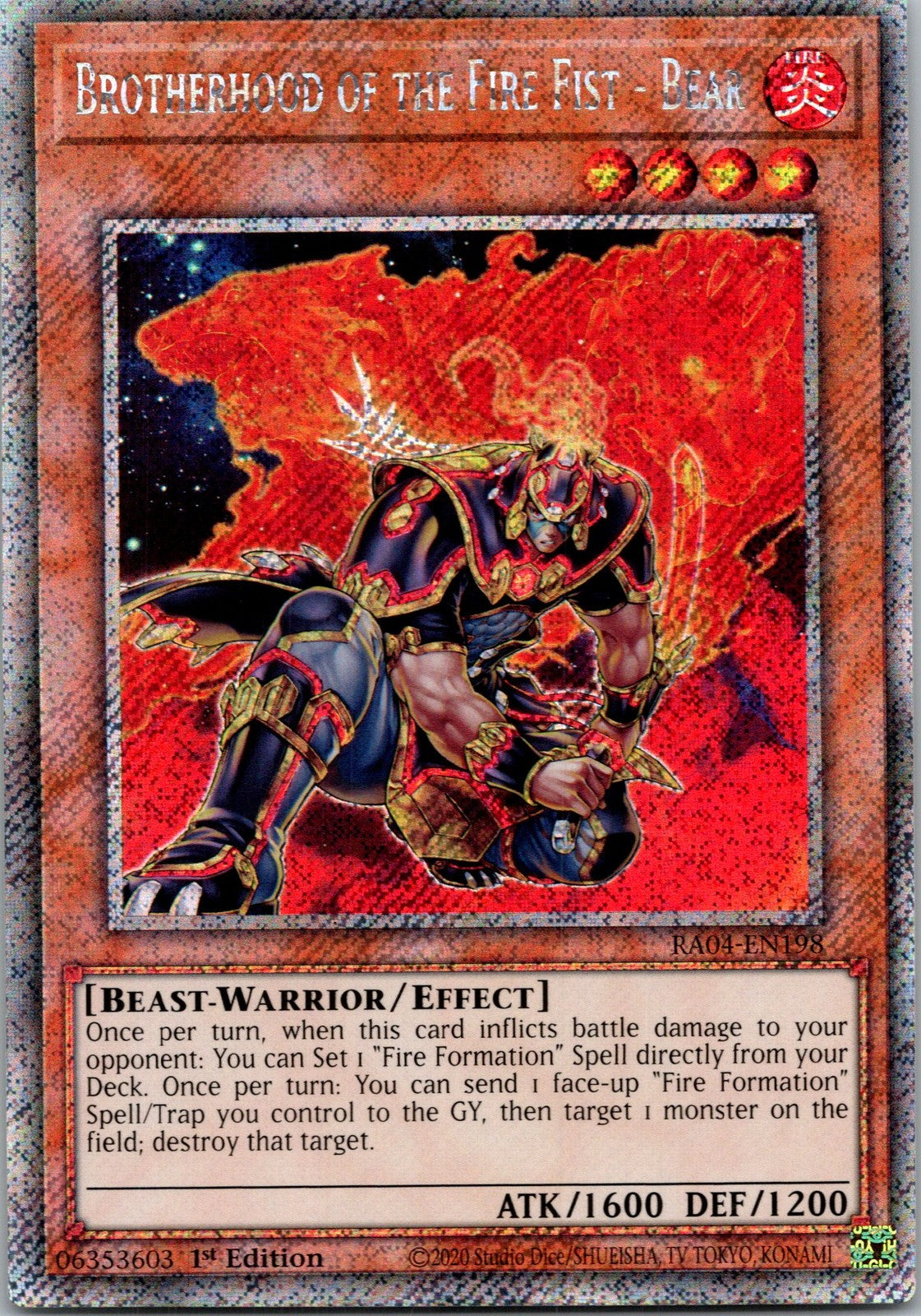 Yugioh Brotherhood of the Fire Fist - Bear RA04-EN198 1st Ed Platinum Secret NM