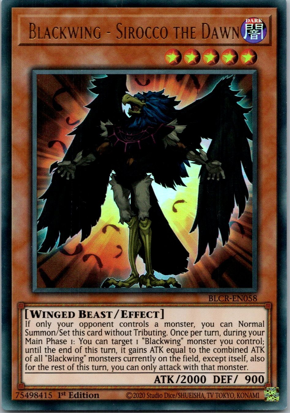 Yugioh Blackwing - Sirocco the Dawn BLCR-EN058 1st Edition Ultra Rare NM