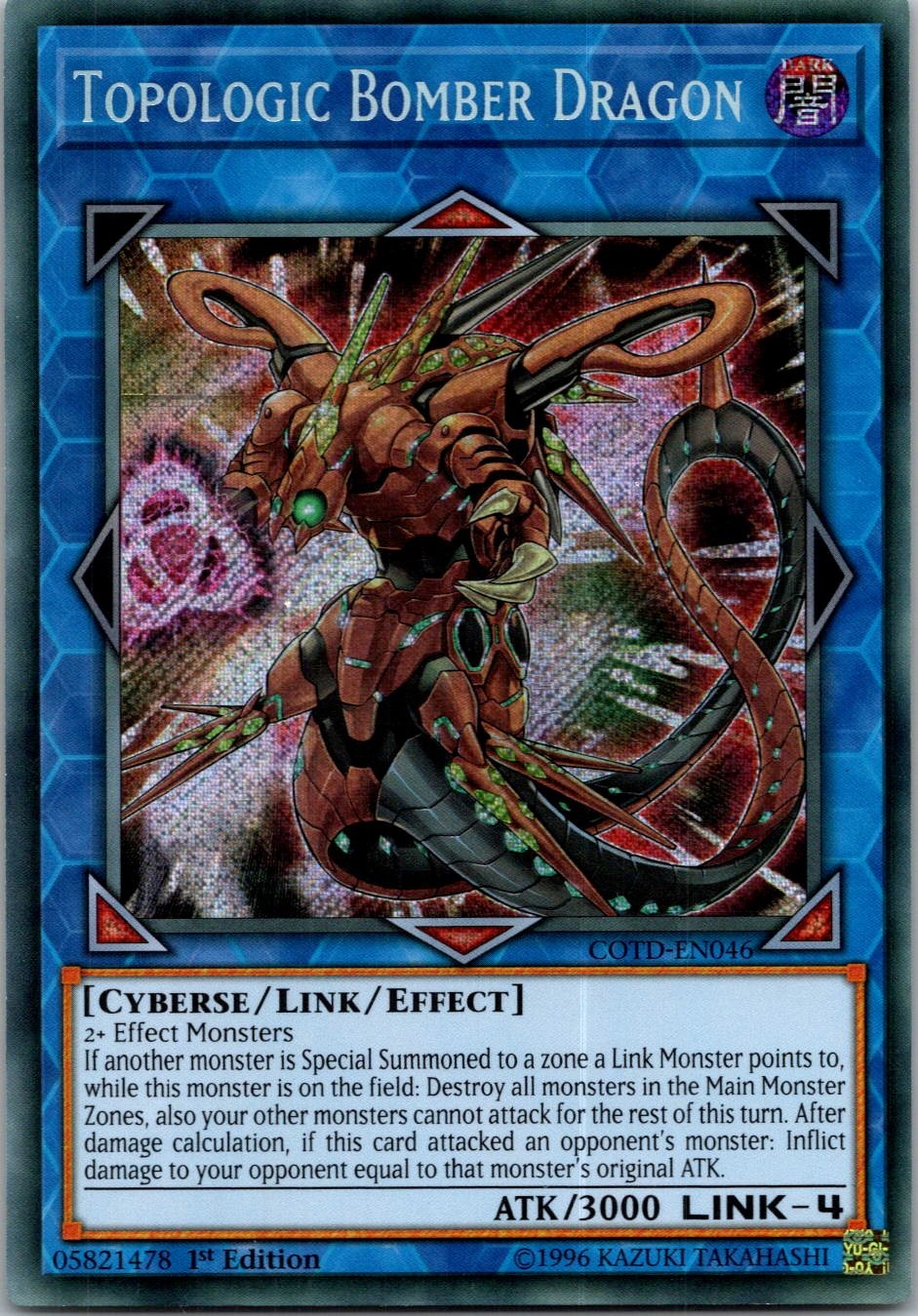 Yugioh Topologic Bomber Dragon COTD-EN046 1st Edition Secret Rare NM