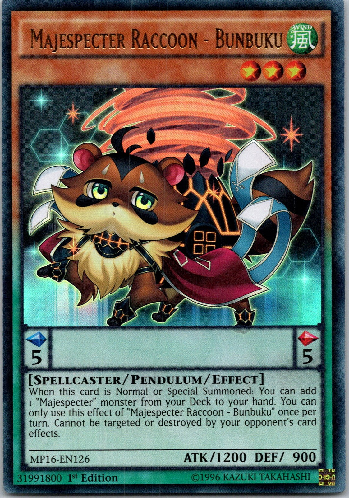 Yugioh Majespecter Raccoon - Bunbuku MP16-EN126 1st Edition Ultra Rare NM