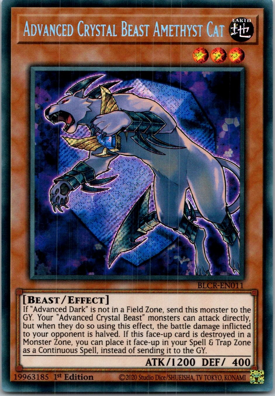 Yugioh Advanced Crystal Beast Amethyst Cat BLCR-EN011 1st Edition Secret Rare NM