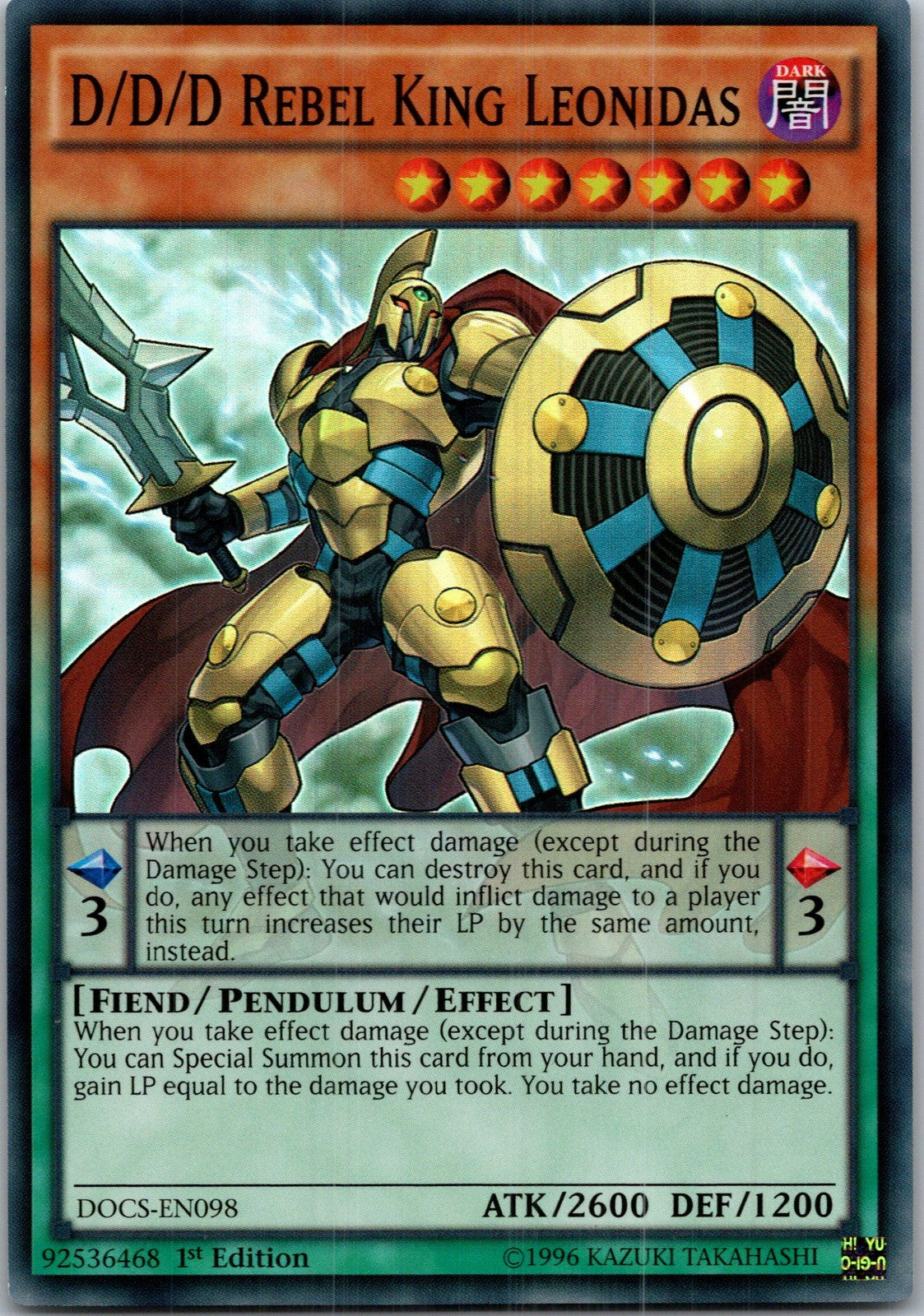 Yugioh D/D/D Rebel King Leonidas DOCS-EN098 1st Edition Super Rare NM