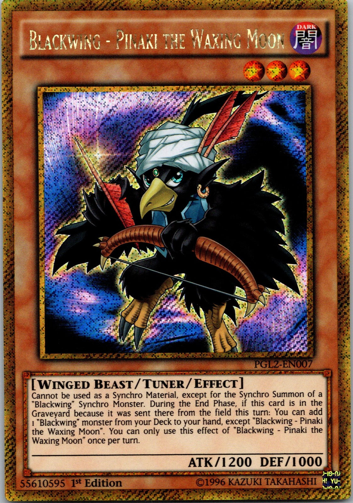 Yugioh Blackwing - Pinaki the Waxing Moon PGL2-EN007 1st Ed Gold Secret Rare NM