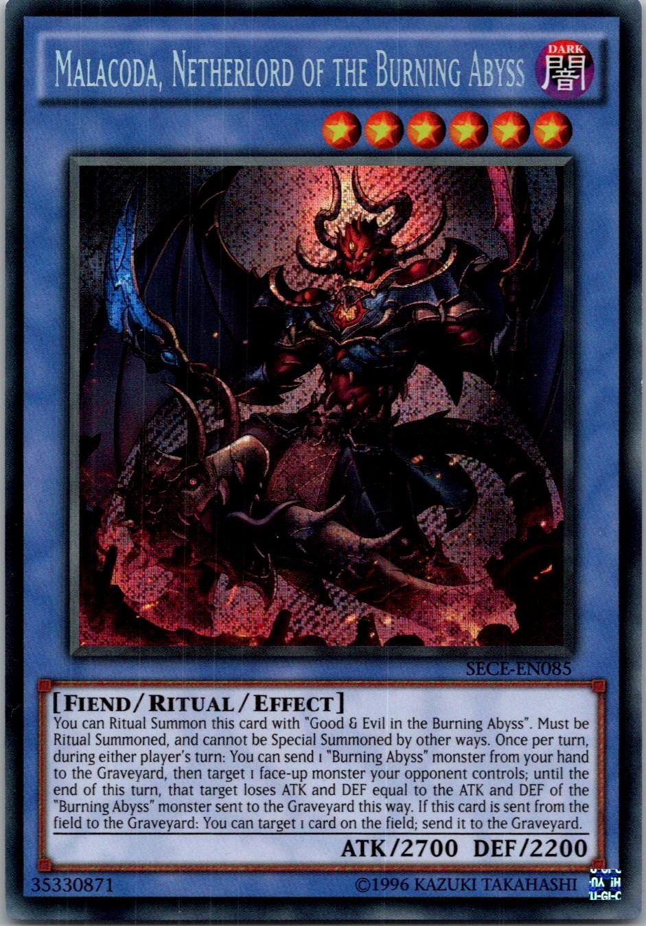 Yugioh Malacoda, Netherlord of the Burning Abyss SECE-EN085 Secret Rare NM