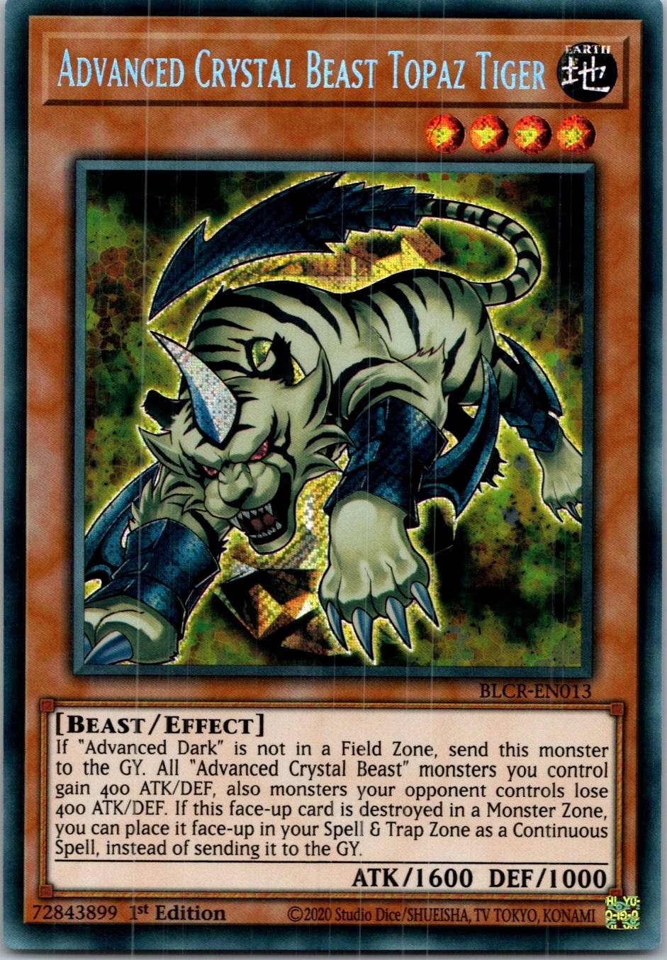 Yugioh Advanced Crystal Beast Topaz Tiger BLCR-EN013 1st Edition Secret Rare NM