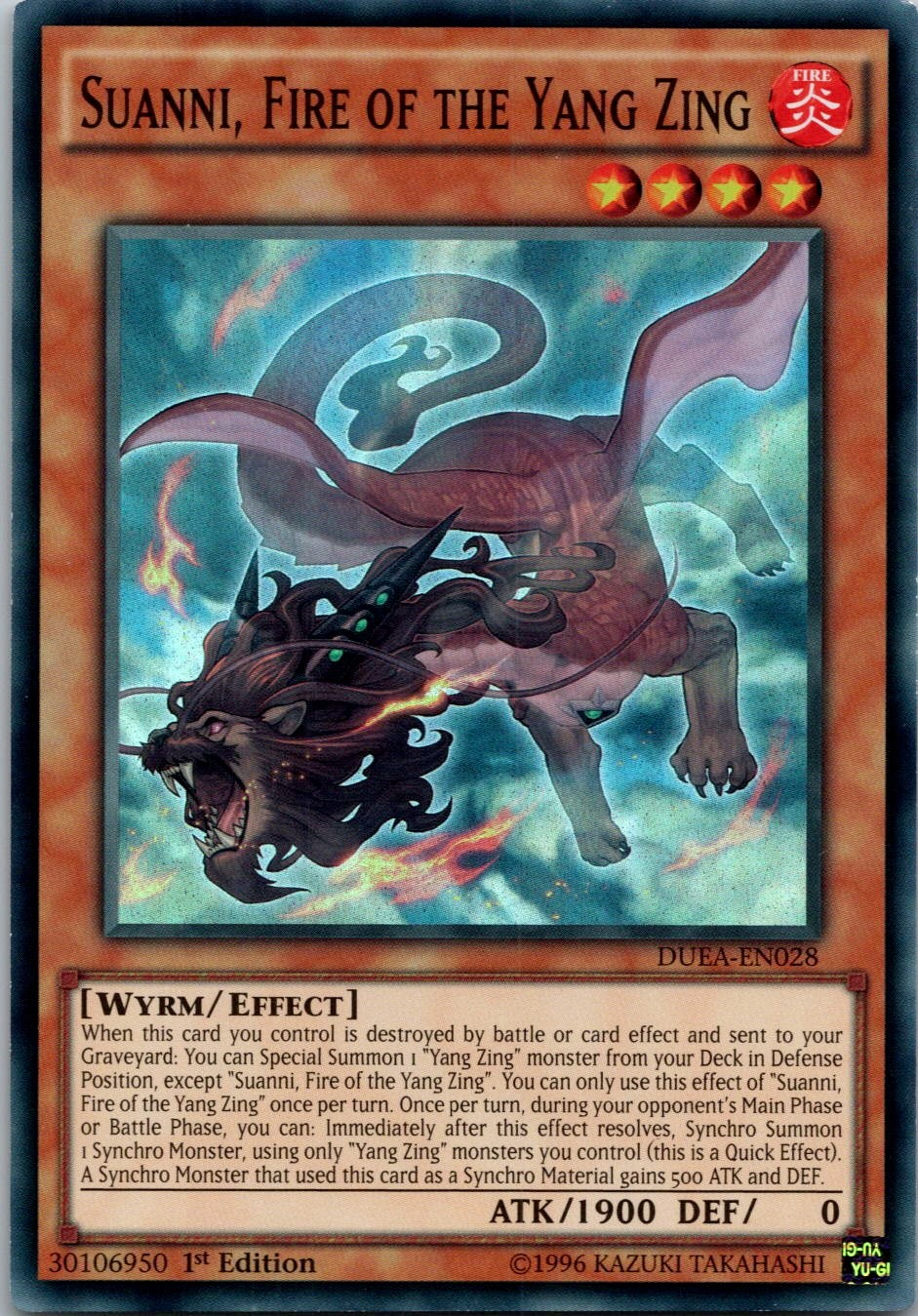 Yugioh Suanni, Fire of the Yang Zing DUEA-EN028 1st Edition Super Rare NM