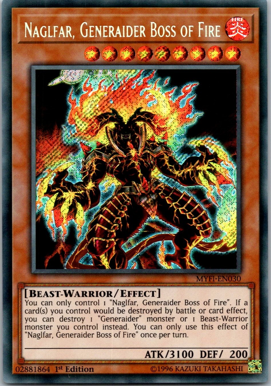 Yugioh Naglfar, Generaider Boss of Fire MYFI-EN030 1st Edition Secret Rare NM