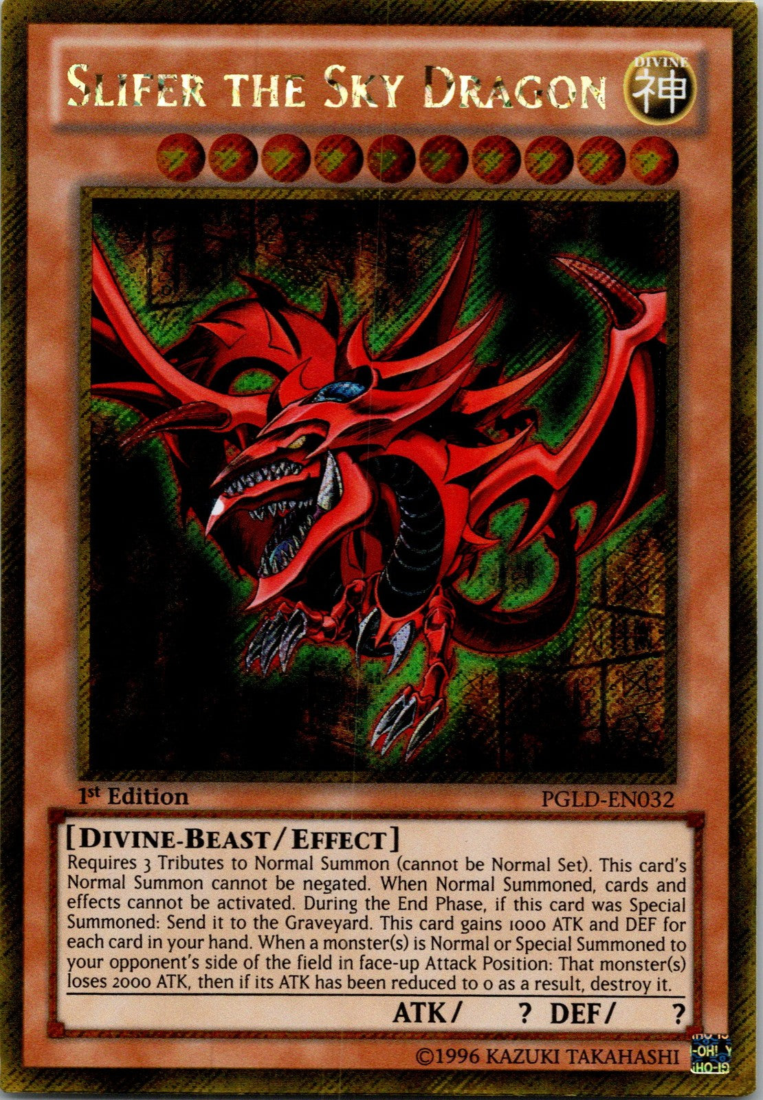 Yugioh Slifer the Sky Dragon PGLD-EN032 1st Edition Gold Secret Rare NM