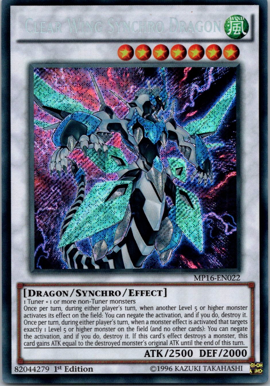 Yugioh Clear Wing Synchro Dragon MP16-EN022 1st Edition Secret Rare NM