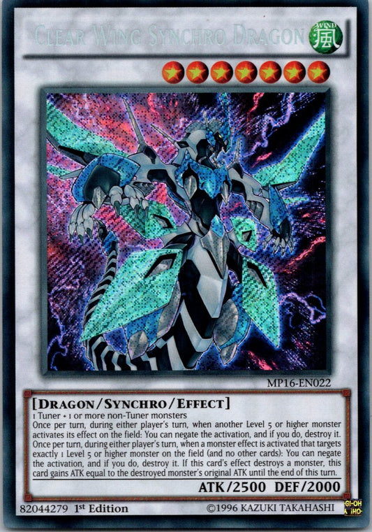 Yugioh Clear Wing Synchro Dragon MP16-EN022 1st Edition Secret Rare NM