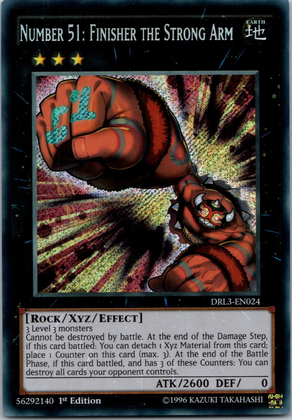 Yugioh Number 51: Finisher the Strong Arm DRL3-EN024 1st Edition Secret Rare NM