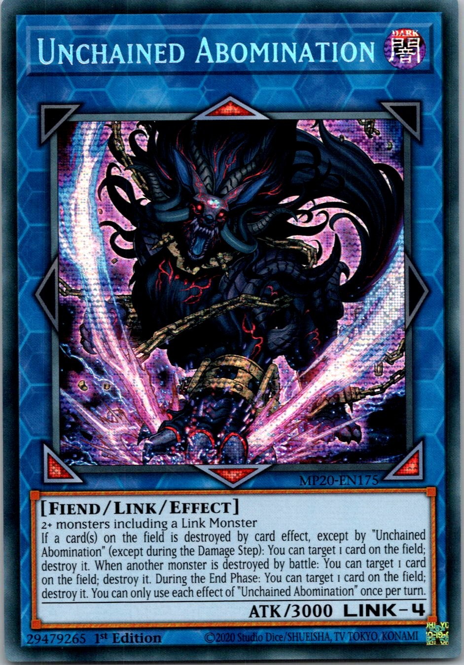 Yugioh Unchained Abomination MP20-EN175 1st Edition Prismatic Secret Rare NM