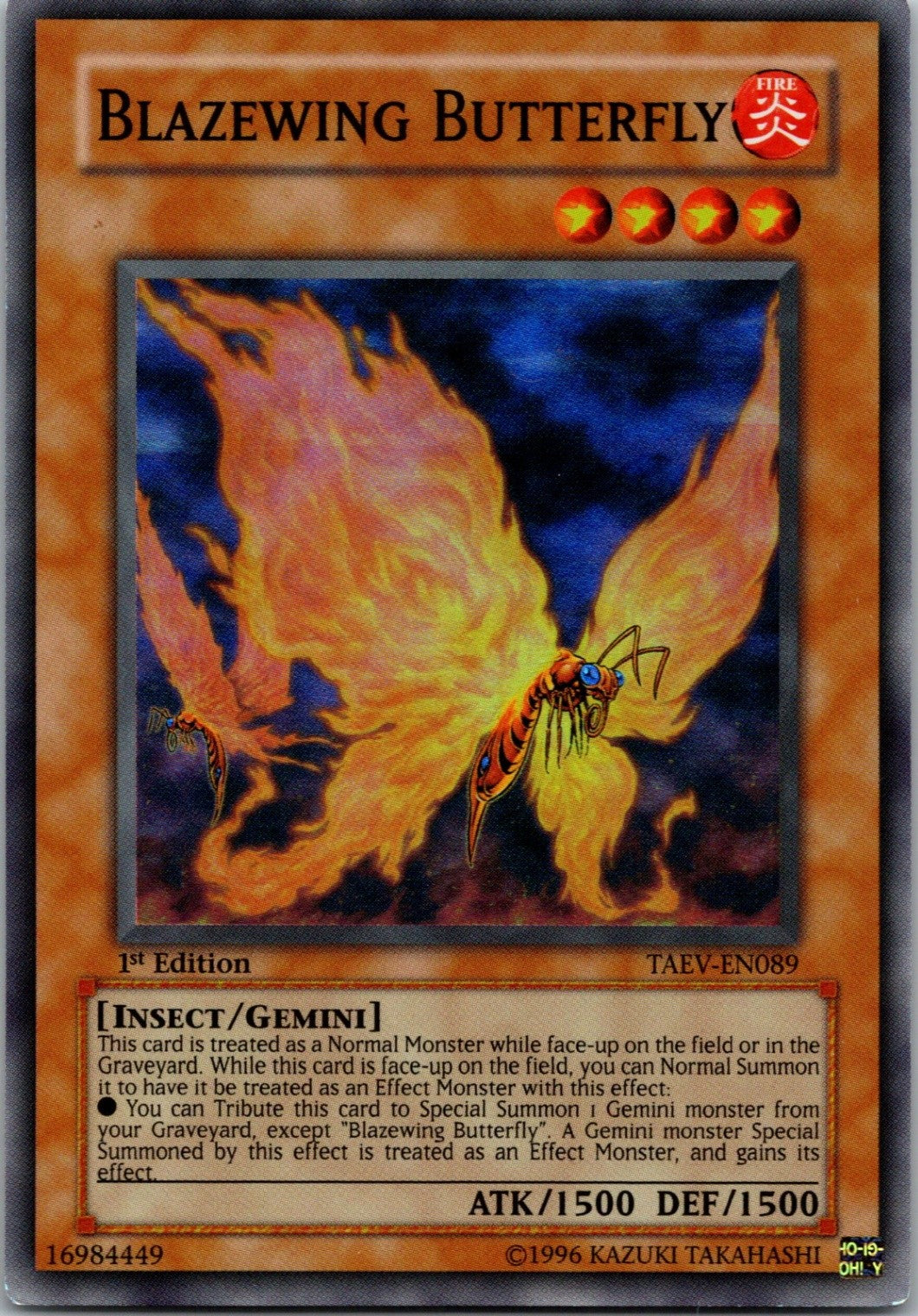 Yugioh Blazewing Butterfly TAEV-EN089 1st Edition Super Rare NM