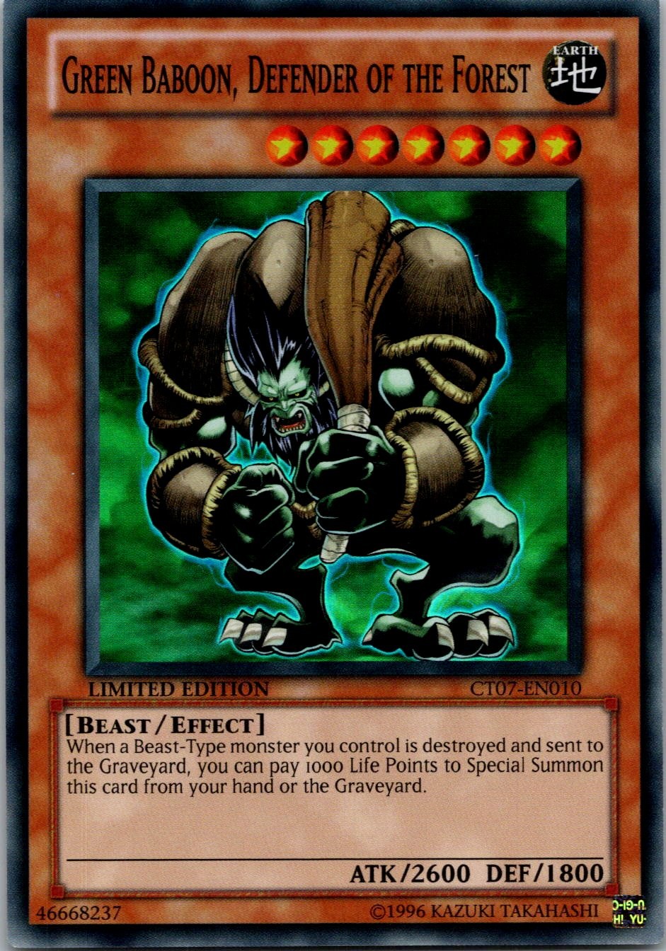 Yugioh Green Baboon, Defender of the Forest CT07-EN010 Limited Ed Super Rare NM