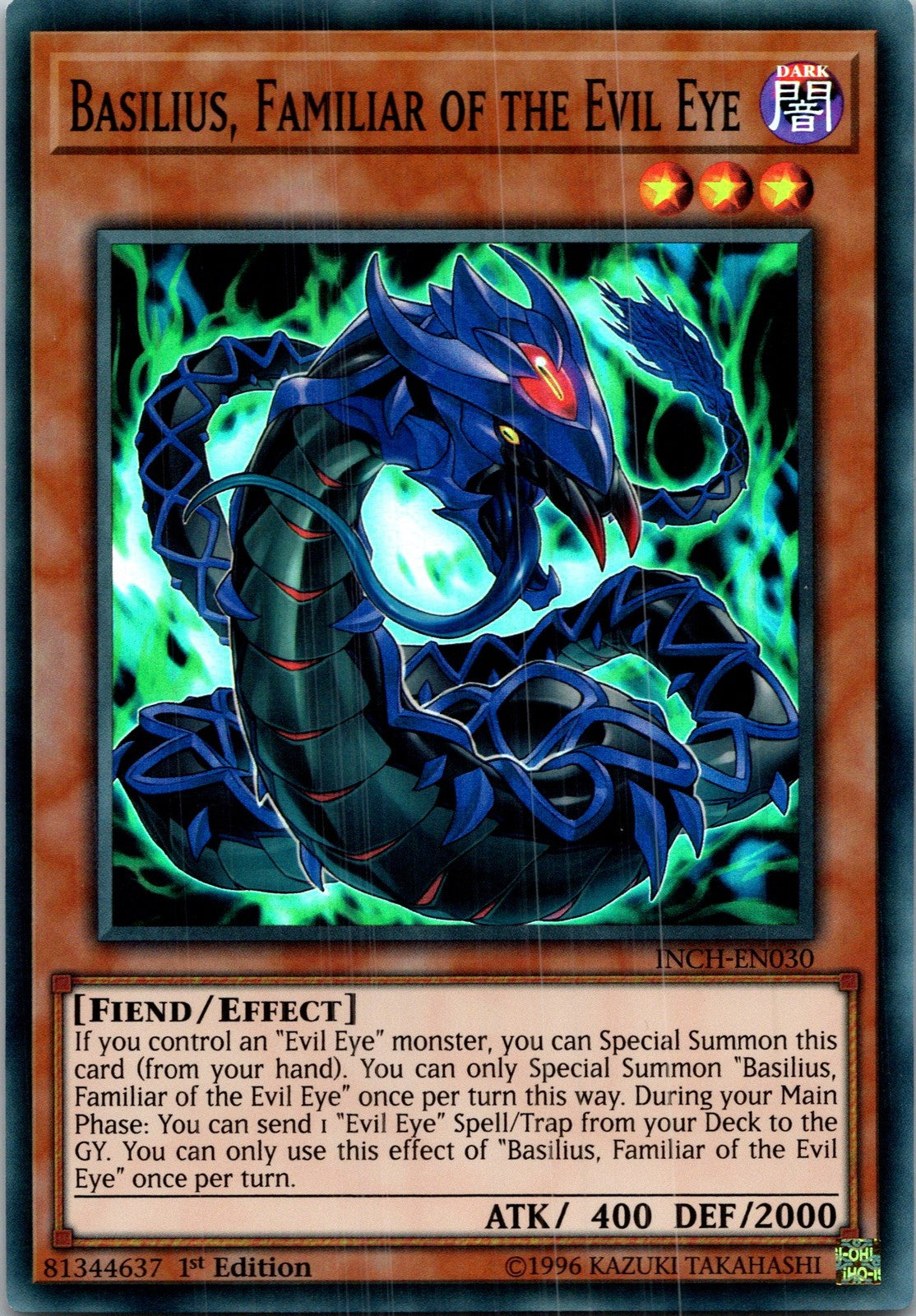 Yugioh Basilius, Familiar of the Evil Eye INCH-EN030 1st Edition Super Rare NM