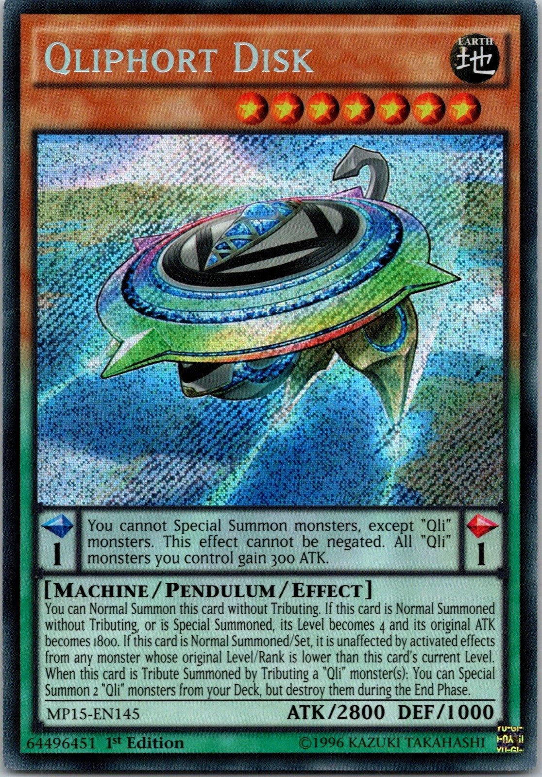 Yugioh Qliphort Disk MP15-EN145 1st Edition Secret Rare NM