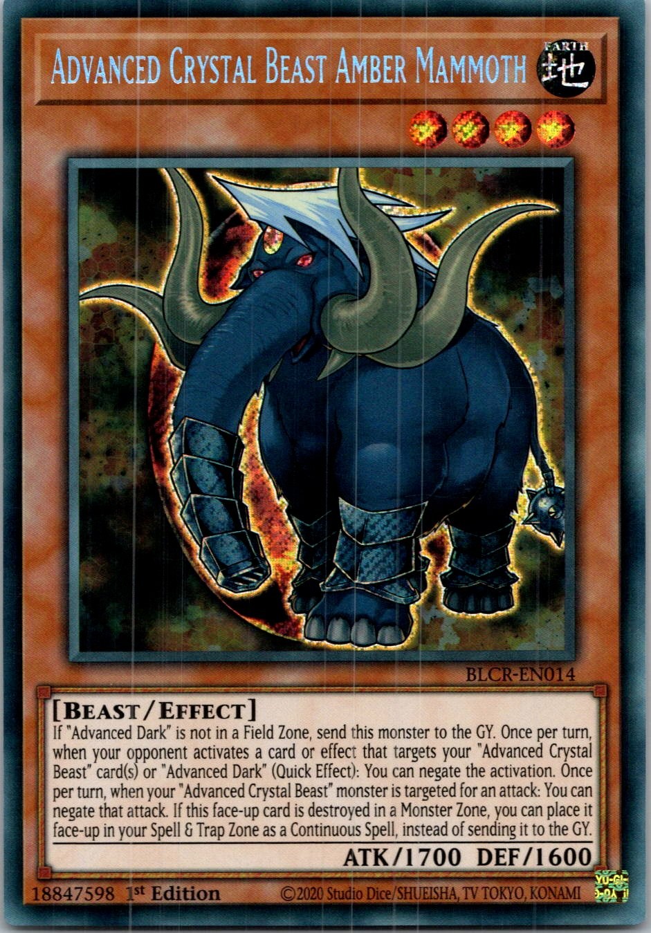 Yugioh Advanced Crystal Beast Amber Mammoth BLCR-EN014 1st Edition Secret NM