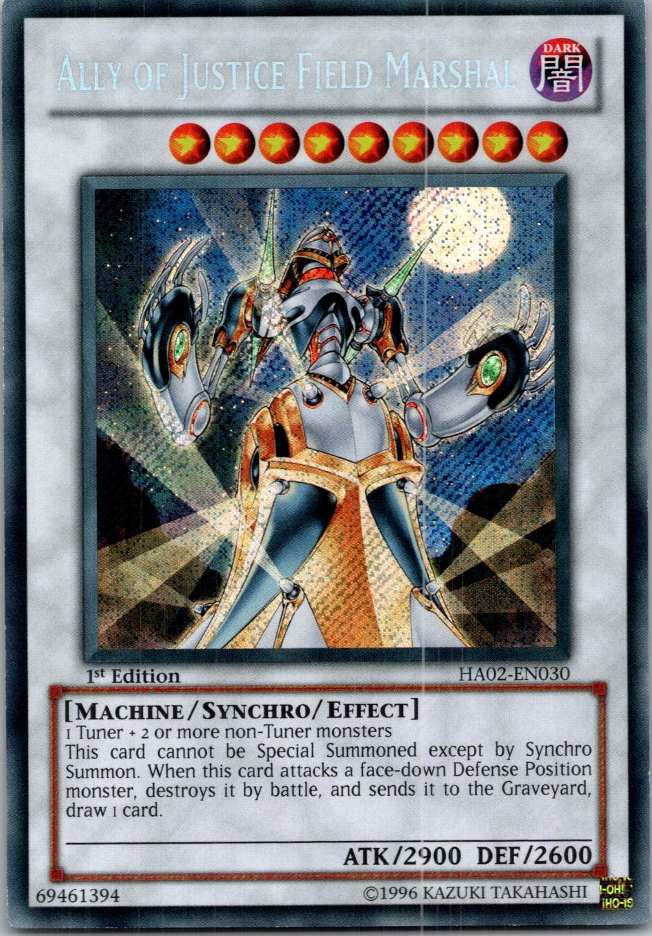 Yugioh Ally of Justice Field Marshal HA02-EN030 1st Edition Secret Rare NM