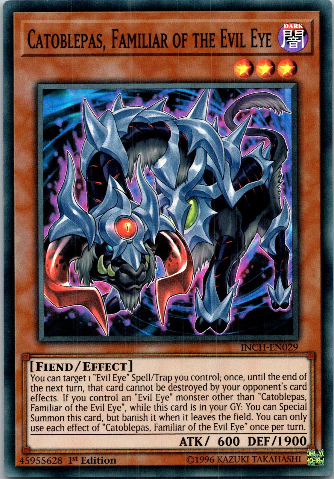 Yugioh Catoblepas, Familiar of the Evil Eye INCH-EN029 1st Edition Super Rare NM